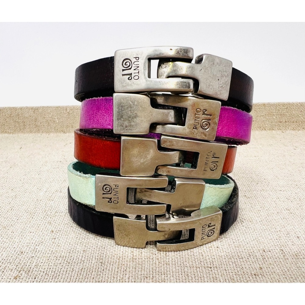 Punto AR Leather Bracelet Set of 5 Multi Color Silver Buckle Clasp Boho Stack